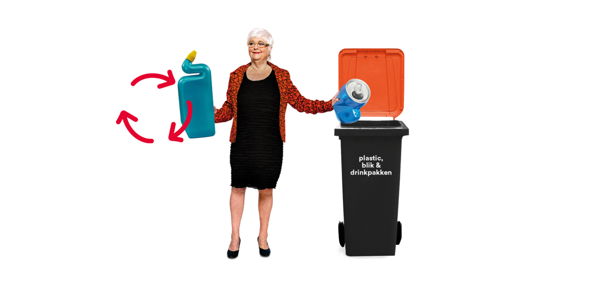 plaatje van een vrouw bij een afvalbak voor plastic afval